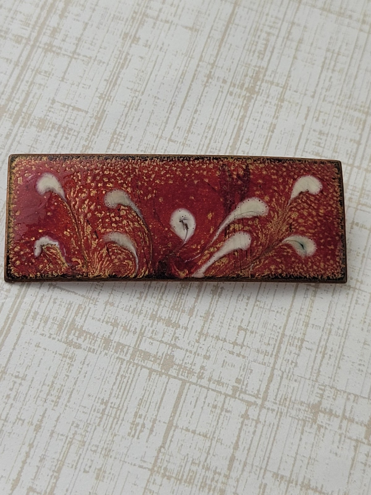 Vintage Retangular Copper Enamel Brooch Fall Colors 2″