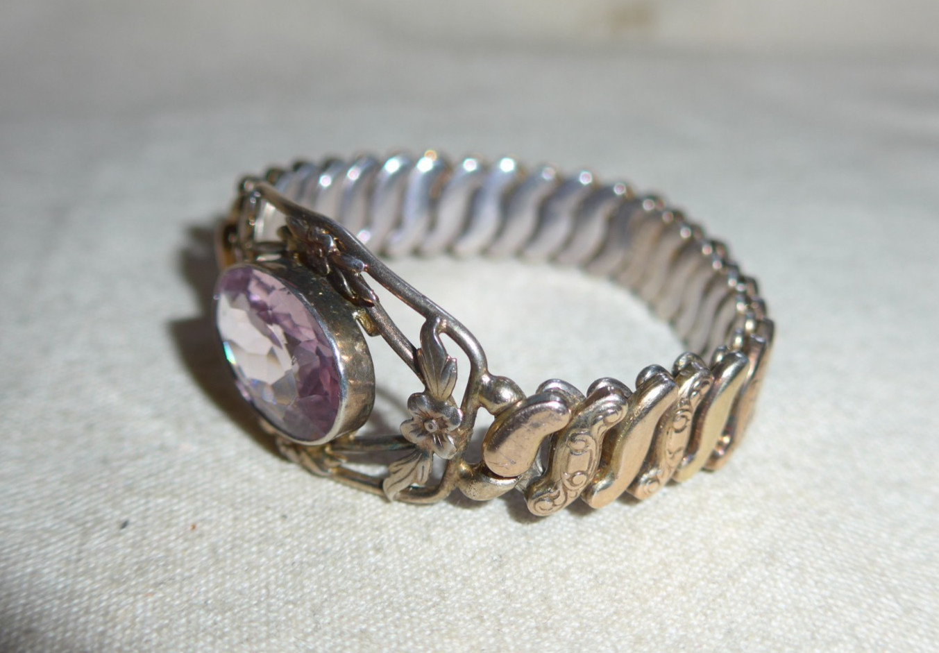 Vintage WWII Sweetheart Expansion Bracelet Co-Star Sterling Pink Stone Faceted