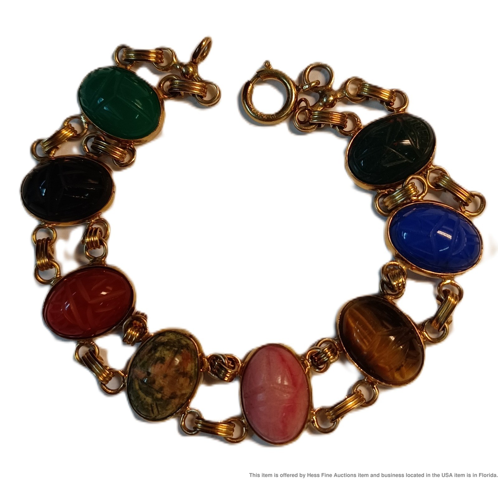 Vintage Carved Scarab Multi Gemstone Egyptian Revival Ladies Bracelet 7.25 In