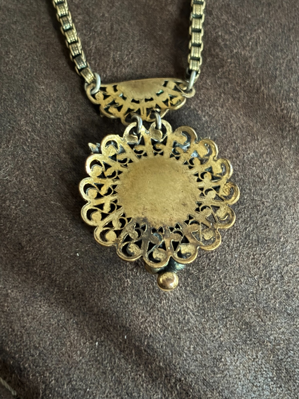 Rolled Gold Antique Grape Bunch Leaf Pendant Necklace Ornate Slide Clasp 1900s