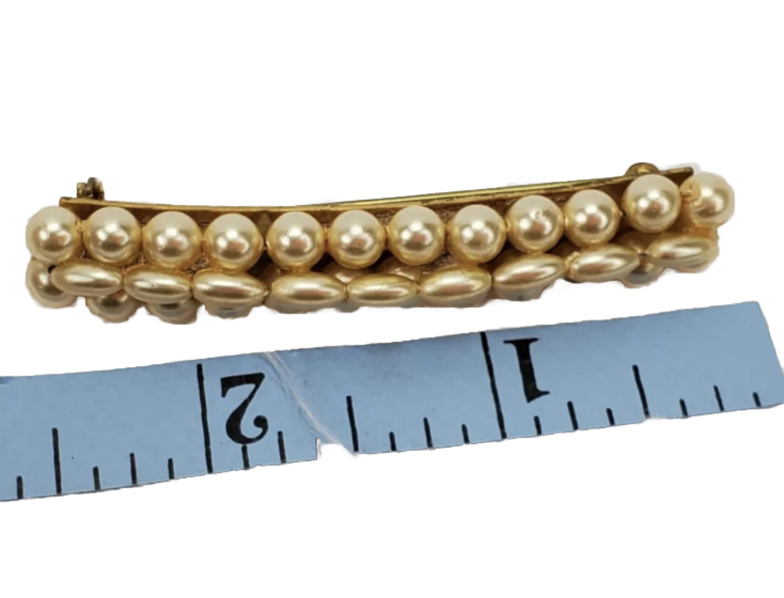 Vtg Brooch Bar Pin Pearls Faux Gold Tone Holiday 2.5”x.0.5” Unsigned 40s 50s 60s