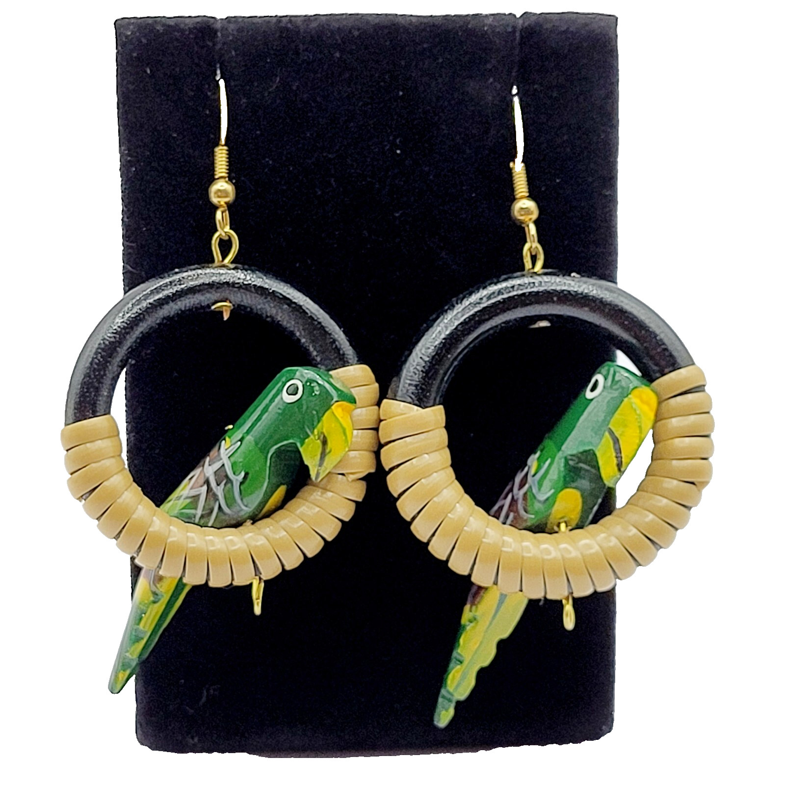 Parrot Macaw Tropical Hand Painted Carved Bird on Hoop Hook Pierced Vtg Earrings