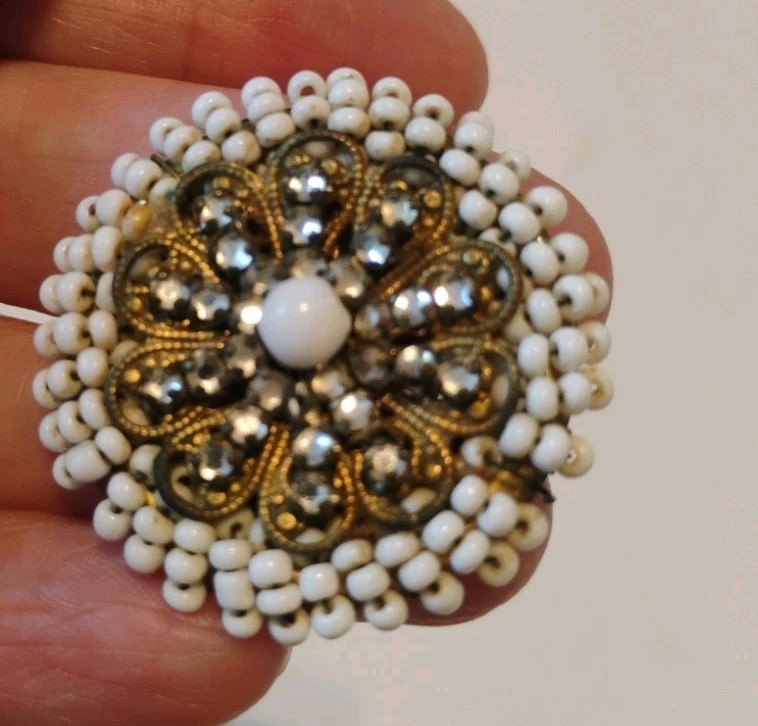 Vtg MIRIAM HASKELL BROOCH BAROQUE, Pearl/Rhinestones Signed, No Pin On Back