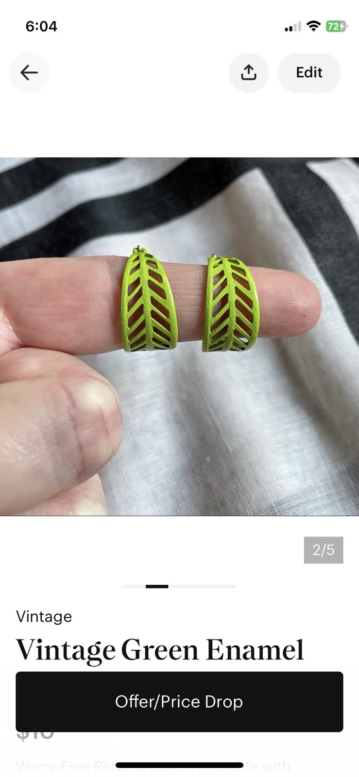 Vintage Bright Lime Green Enamel Cut Out Hoop Earrings