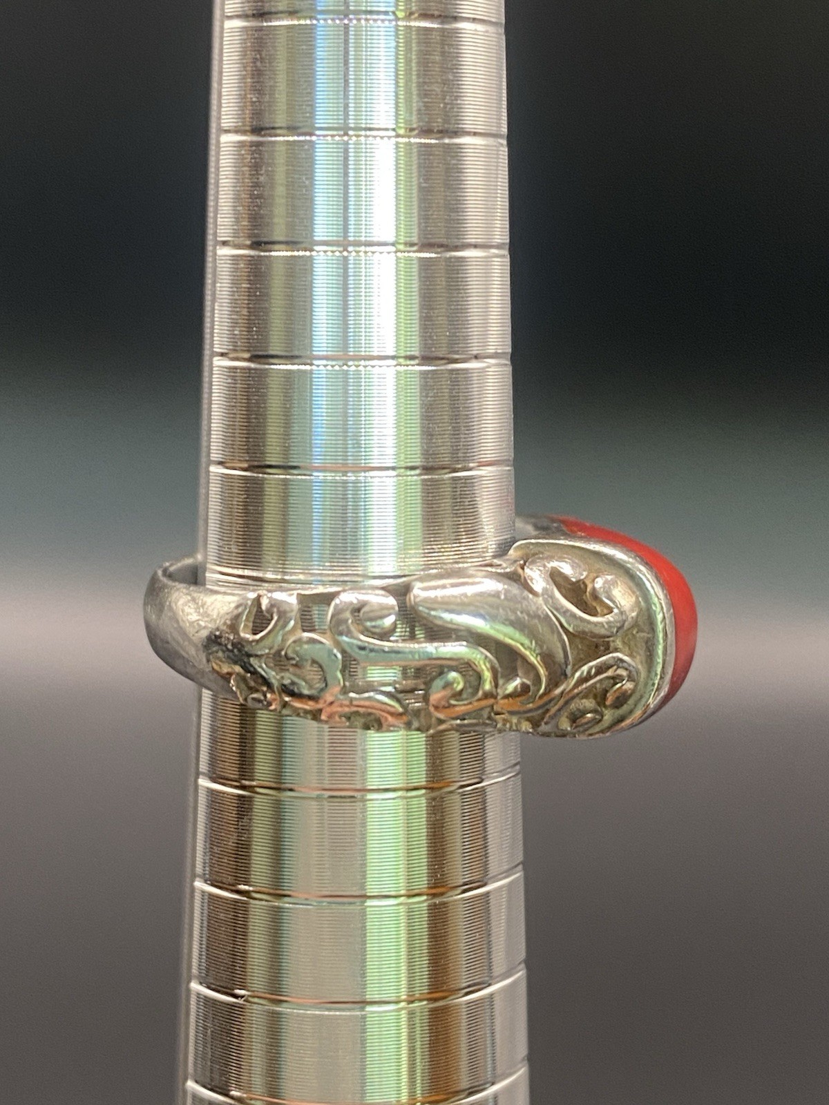 Sterling Silver Filigree Ring Red Coral Oval Cabochon Bezel Set Band 4mm .