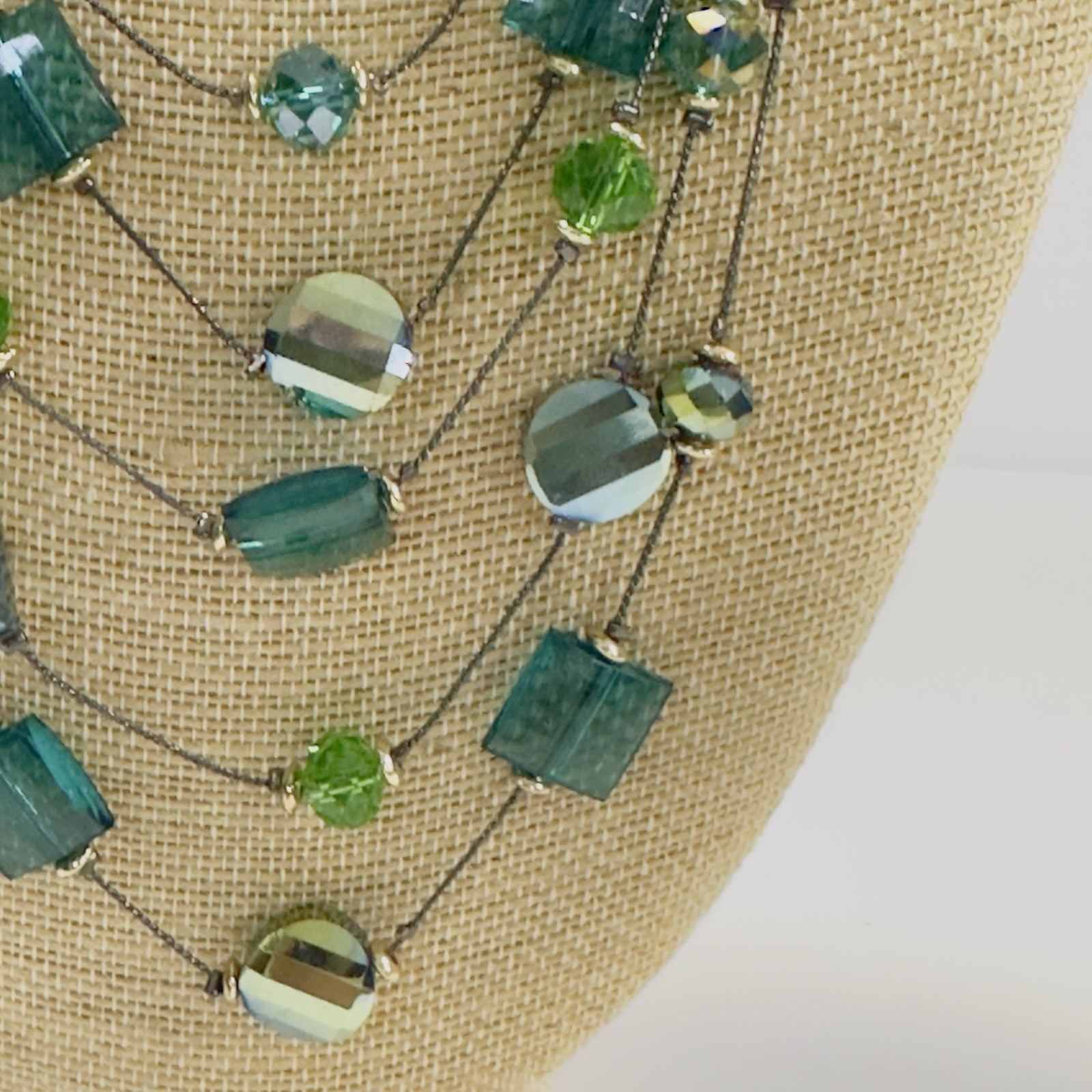 5 Strand Necklace Green Acrylic Glass Beads Black Wire Like Chain 11″ Faceted