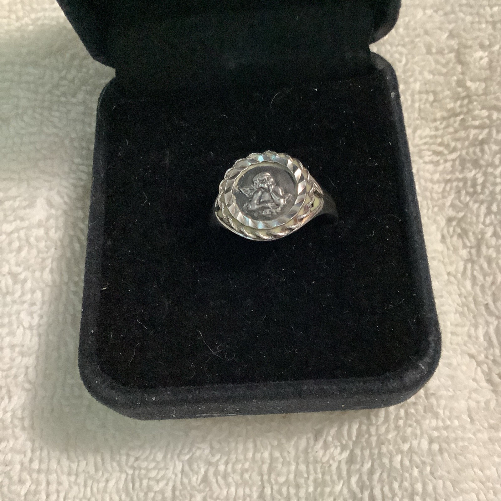 Vintage Guardian Angel Coin Signet Ring Sterling Silver Size 7