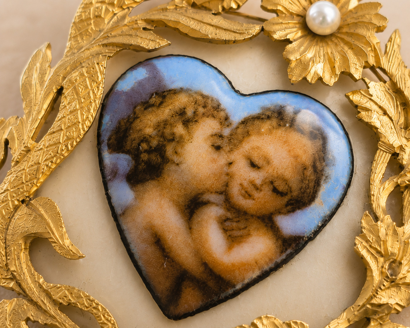 Antique 18K Gold Heart Brooch Angel Cherubs Pearl Enamel Mother of Pearl c1900