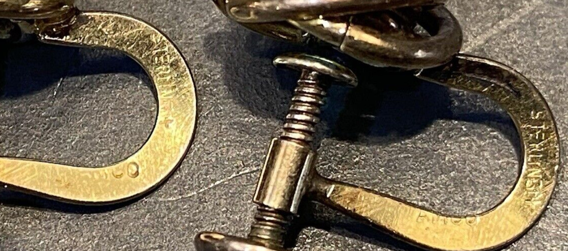 VTG AMCO Gold Filled 1-20 Sterling Silver Knot Earrings Green Glass Screw Back