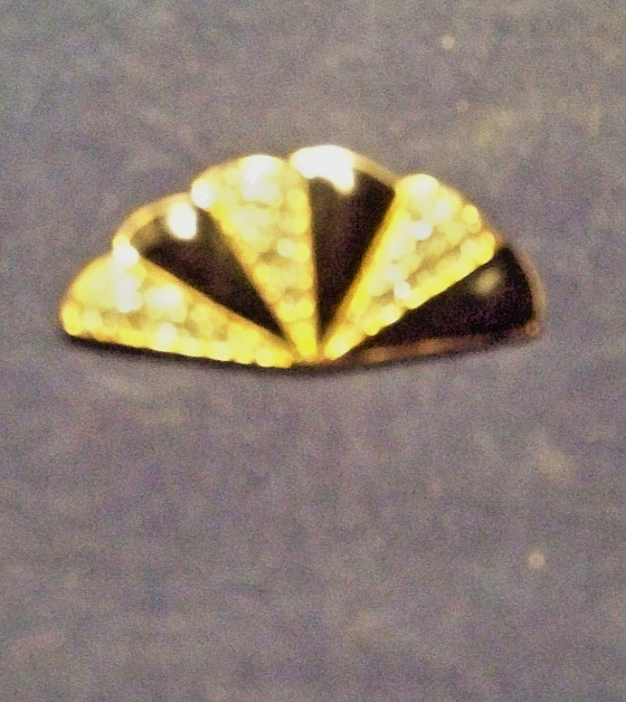 Classic MONET Yellow Plated Fan Pin Gold With Black Enamel and Rhinestones