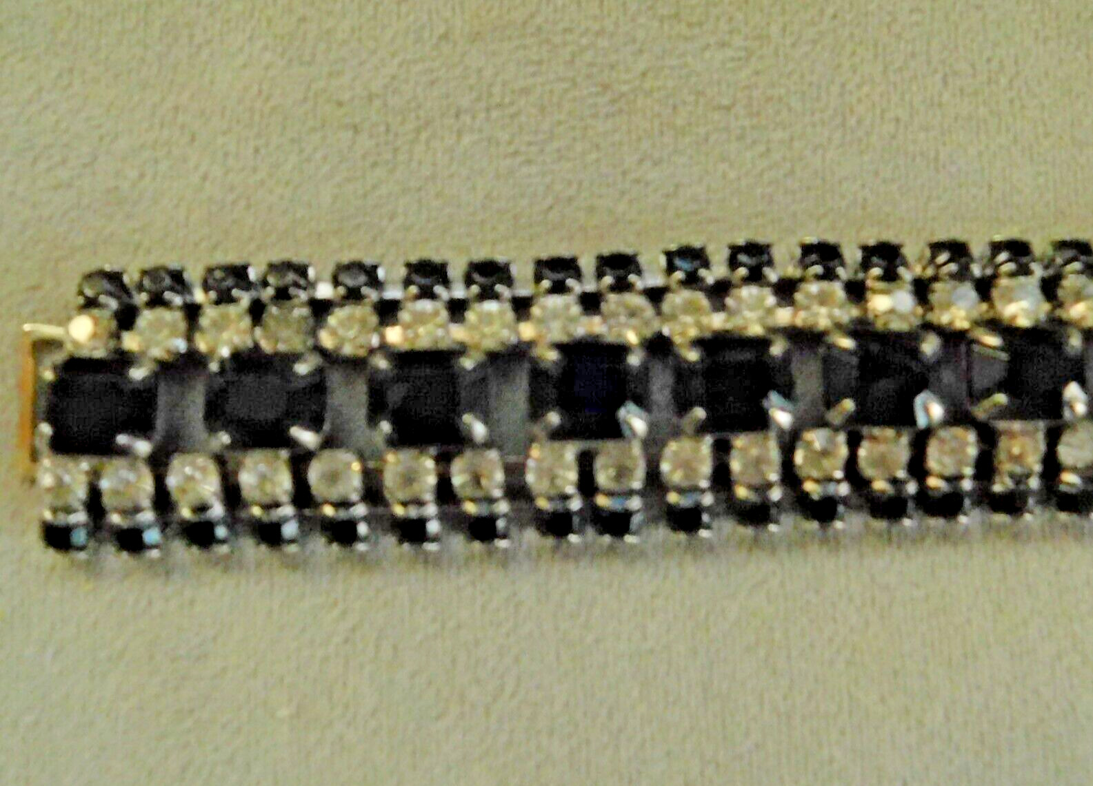 VINTAGE ART DECO JET BLACK and CLEAR RHINESTONE BRACELET CUFF 7 1/2″