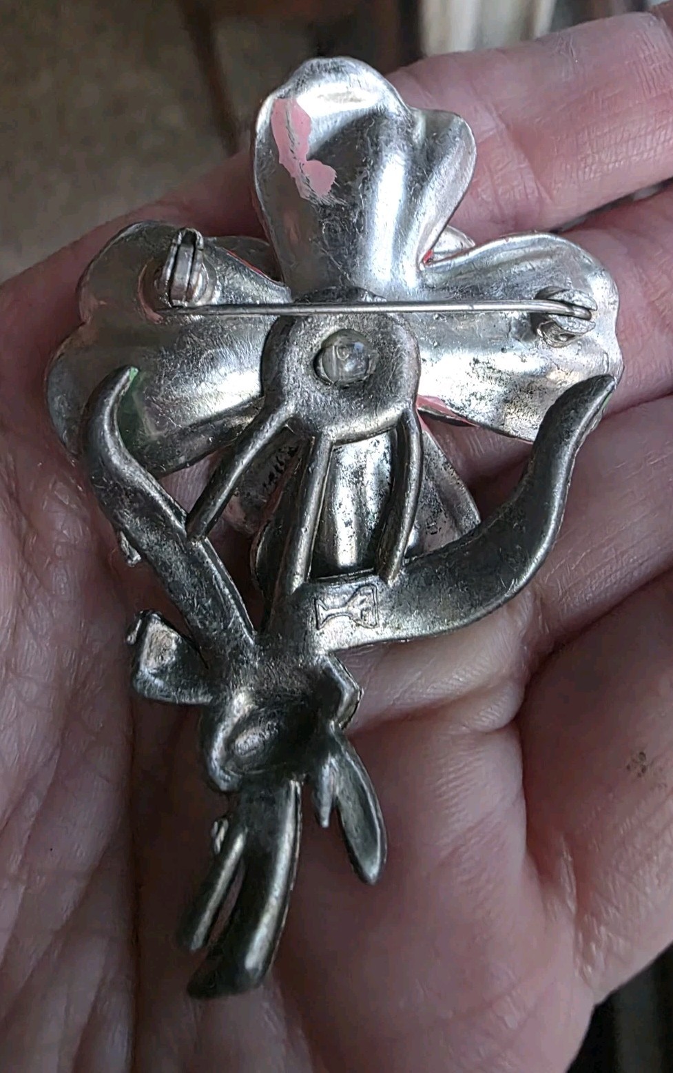 New England Glass Works Trembler Brooch Peach Flower Enamel Pot Metal