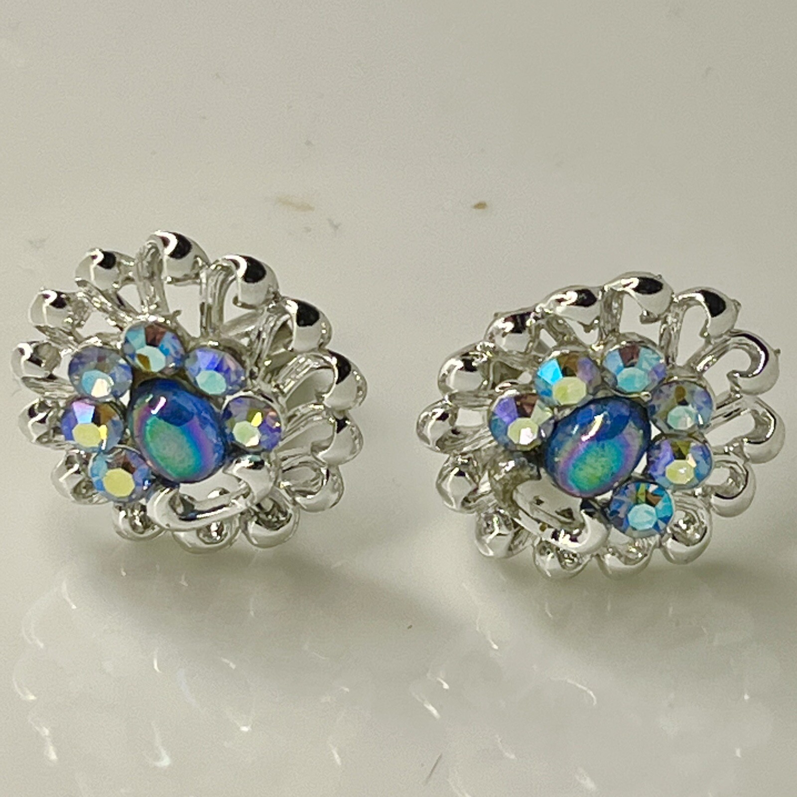 Coro Vtg Moonglow & Peacock AB Rhinestone BROOCH PIN & CLIP ON EARRINGS SET