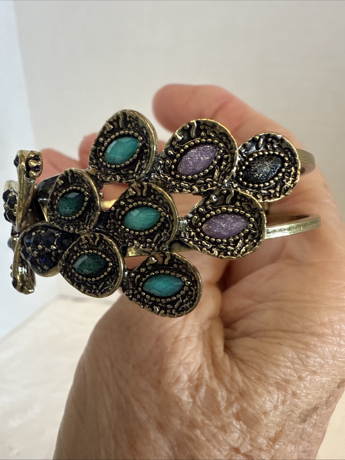 Vtg Peacock Bracelet Gold Green/ Purple Hinged Opens Front
