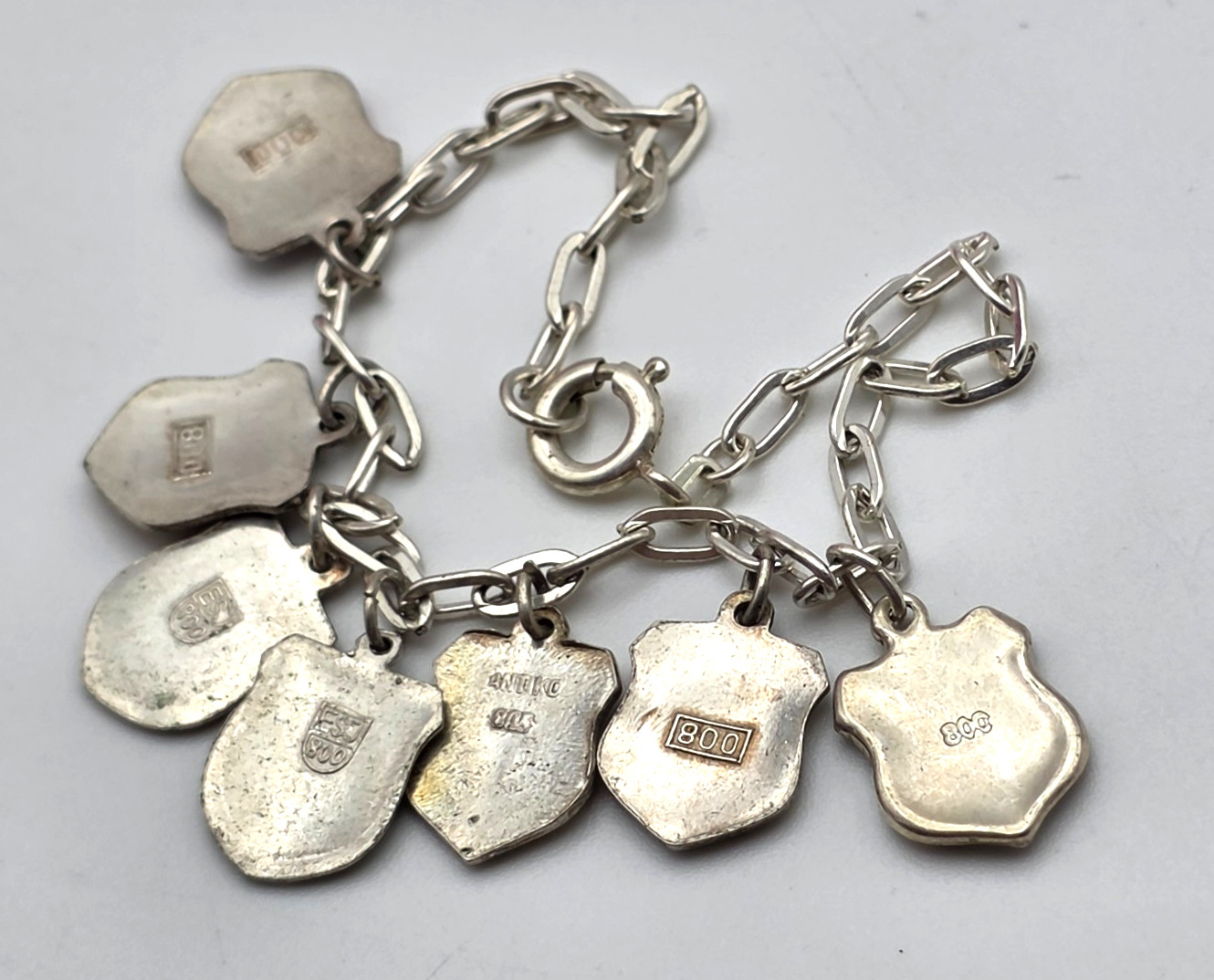 Vintage 800 Silver Enamel Travel Shield Charm Bracelet Germany Italy ANTIKO 7″