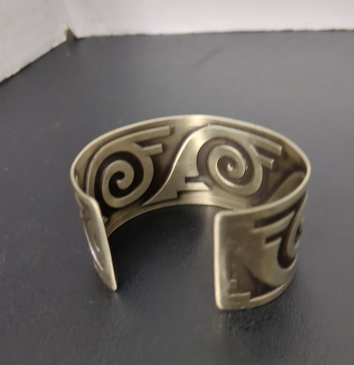 Nickel Silver Bell Cuff Bracelet South Western 1930-1960 Black Inlay Design