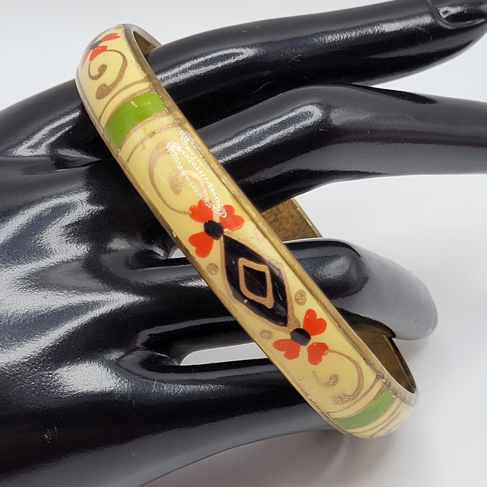 Hand Painted Cream Green Gold Enamel Vintage Bangle Brass Tone Bracelet 9 Inch