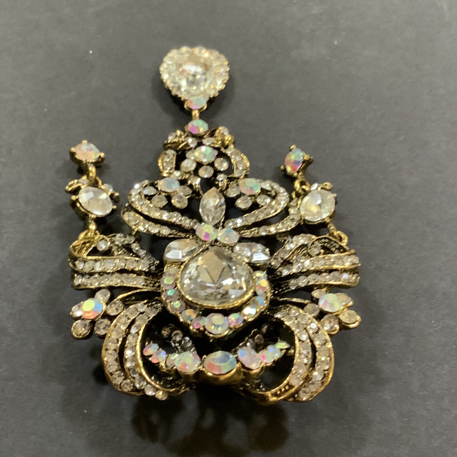 Vintage Rhinestone Brooch Pin or Pendent Dangle Antique Gold Tone 4 in Long