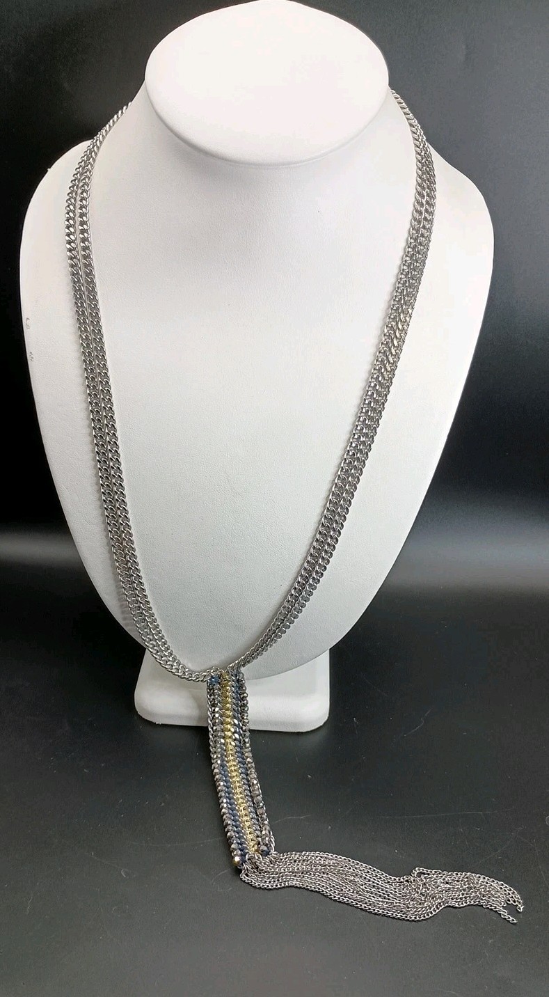 Stella & Dot Long Tassel Necklace Rhinestone Fringe Silver Tone 35″