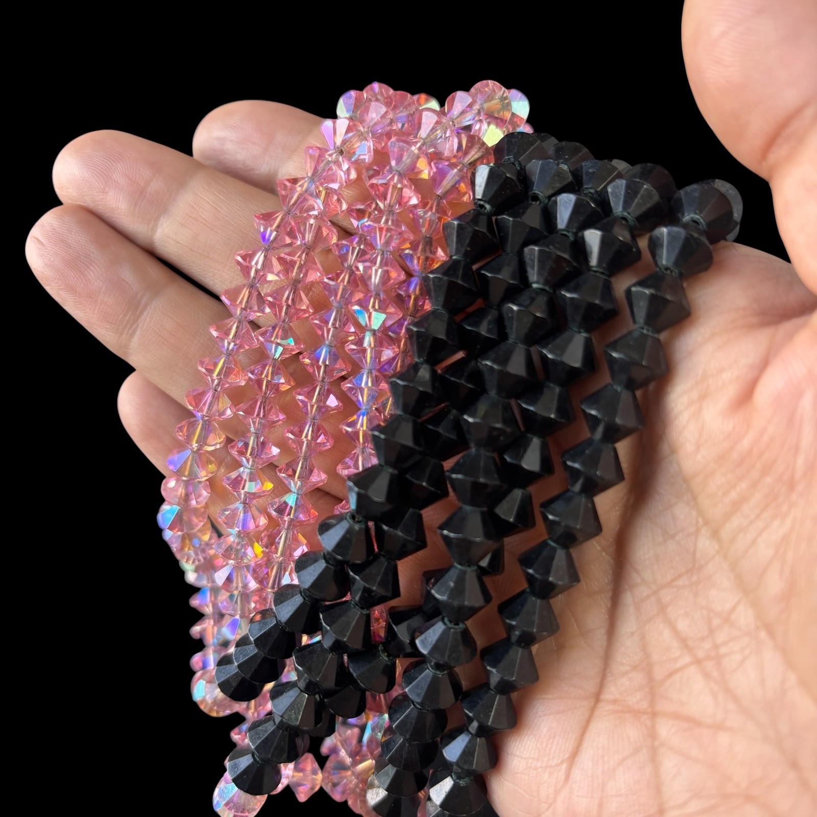 Vtg Multistrand Black and Pink Glass AB Crystal Torsade Necklace 15-17in