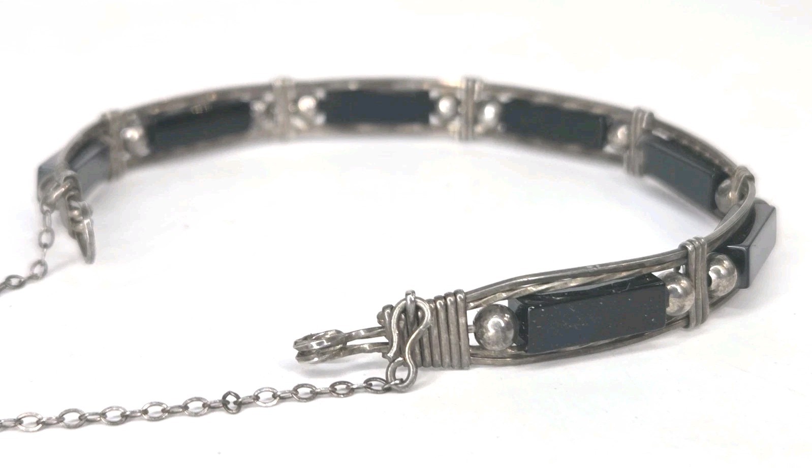 Vintage Sterling Silver Black Onyx Wire Wrapped Link Bracelet