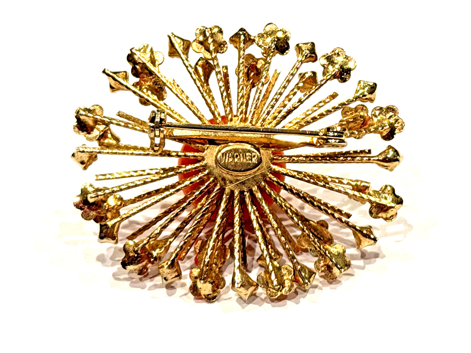 WARNER ORANGE ENAMEL LUCITE RHINESTONES GOLD ATOMIC 1.75″ OVAL PIN BROOCH MCM