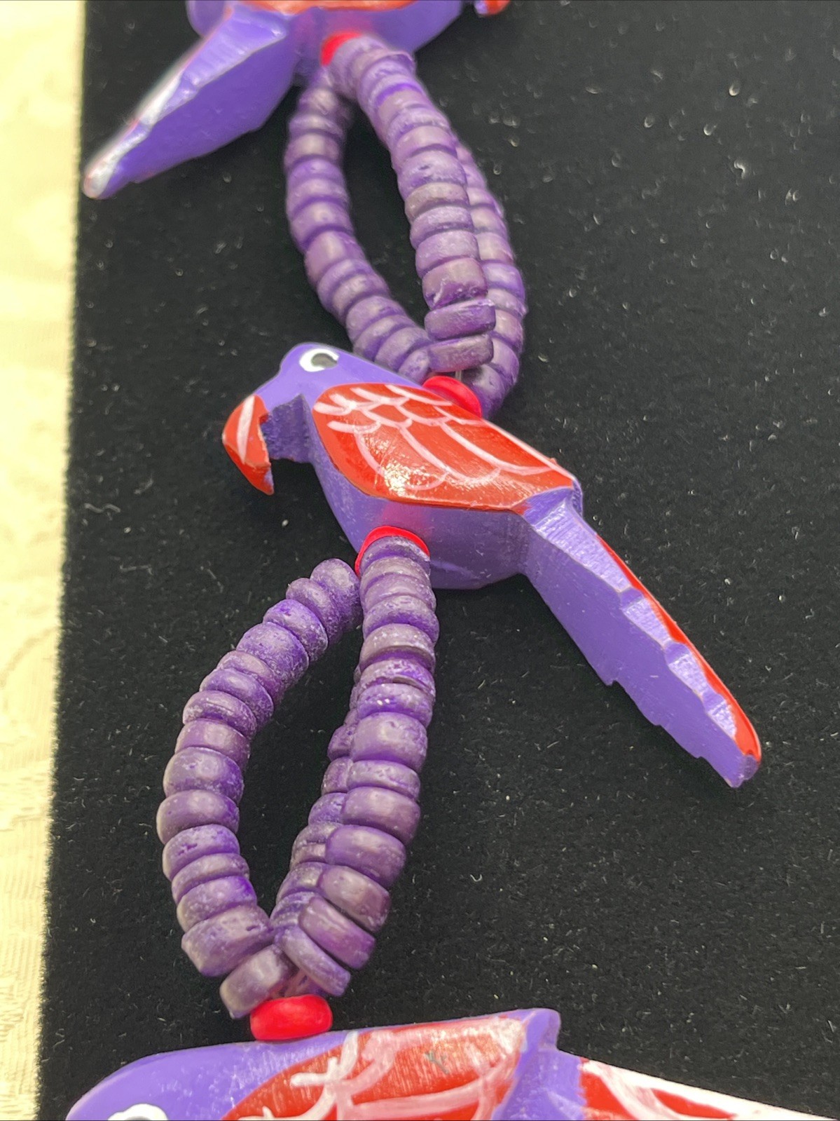 Tropical Tiki Parrot Necklace Wooden Carved Beads Colorful Birds Purple Earrings