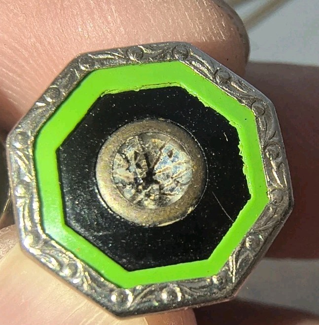 VTG 1930s Snap Link CUFFLINKS CELLULOID BRIGHT GREEN & Black Clear Rhinestone