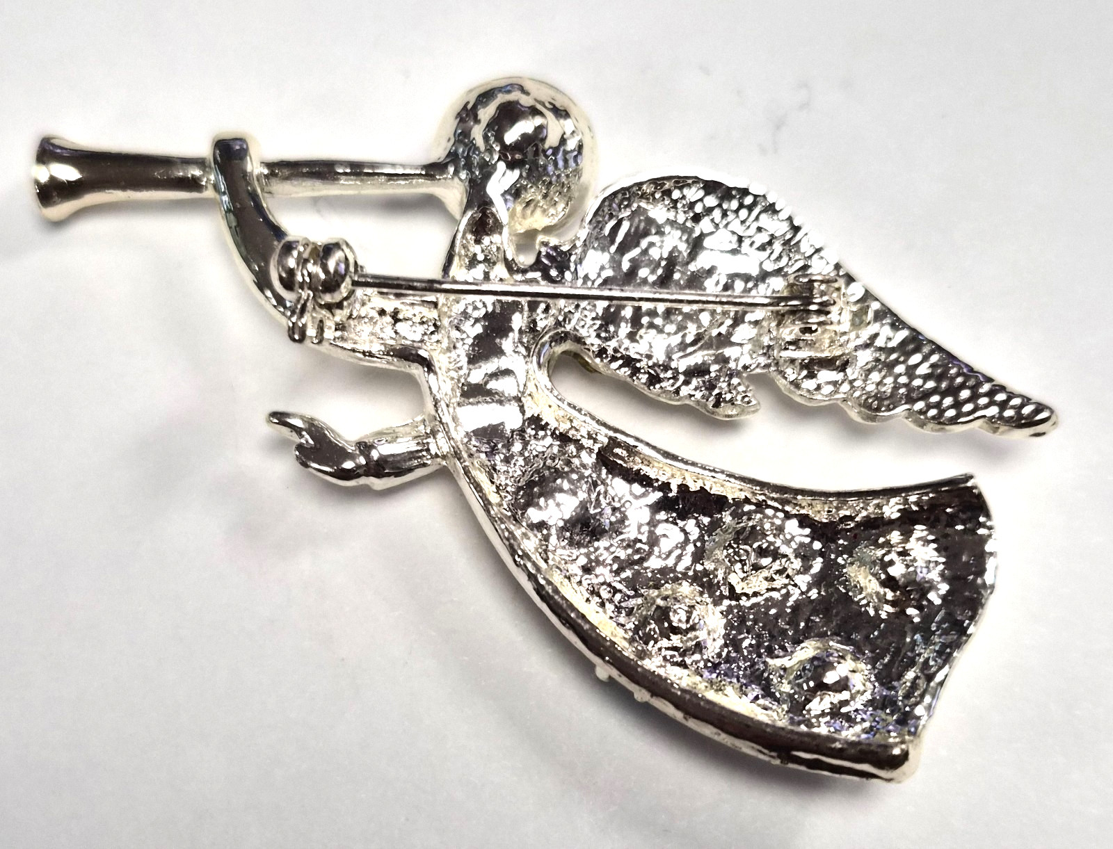 Vintage 90’s Christmas Trumpet Angel W/ Aurora Borealis Rhinestones Pin / Brooch