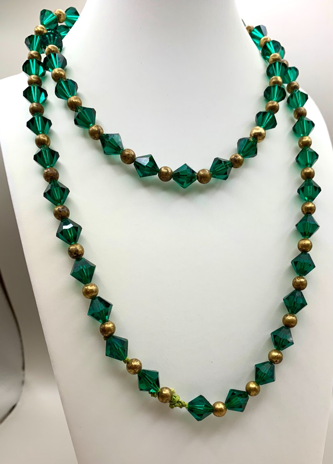Art Deco Glass Beads Necklace Evergreen Bicone Brass Beads Long 36″ READ