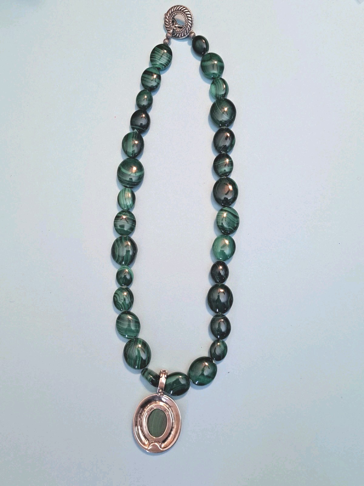 Vtg Carolyn Pollack 925 Sterling Silver Green Malachite Beaded Enhancer Necklace