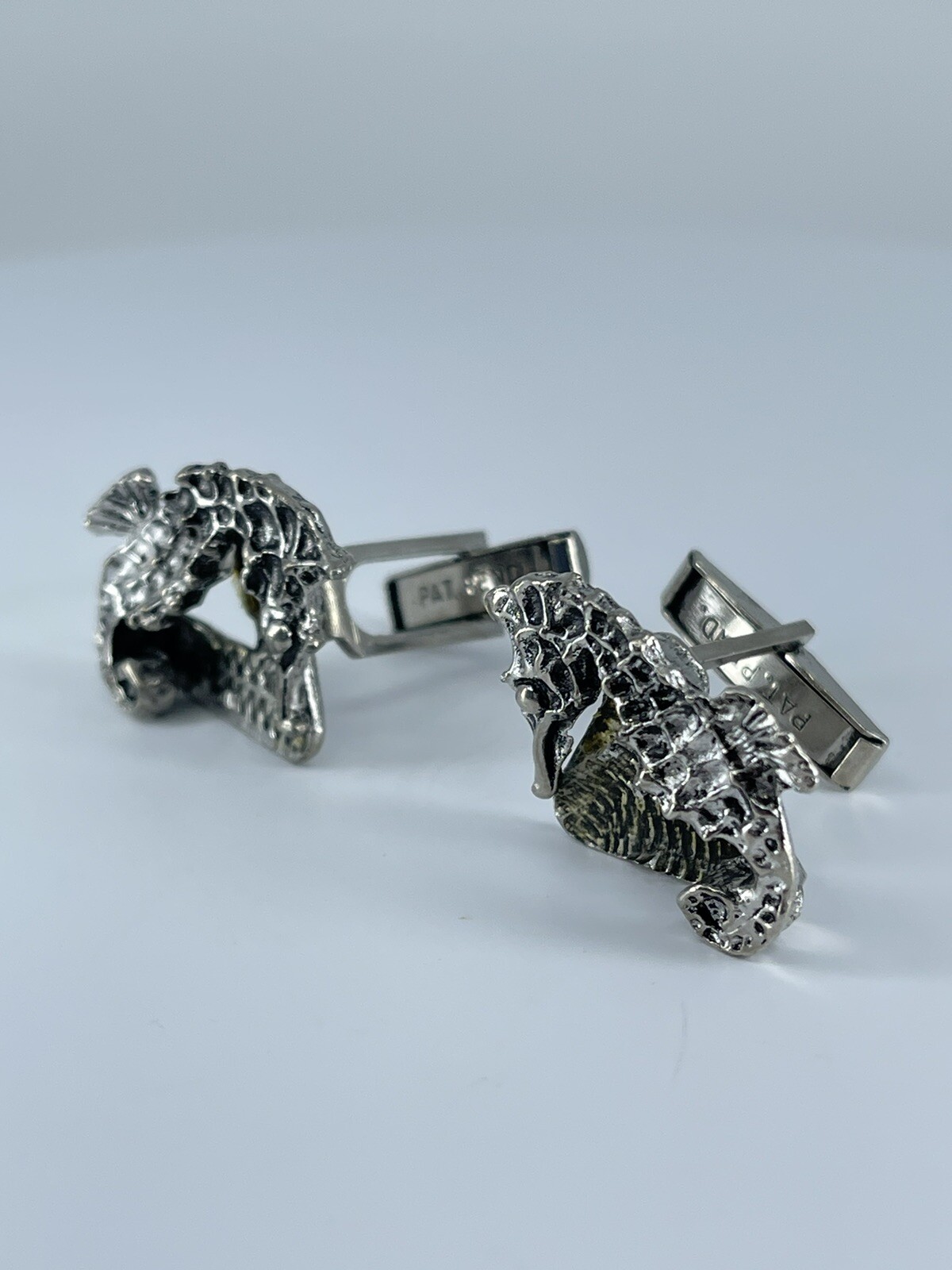 Vintage Seahorse cufflinks silver tone with black enamel accents 1-1/8″