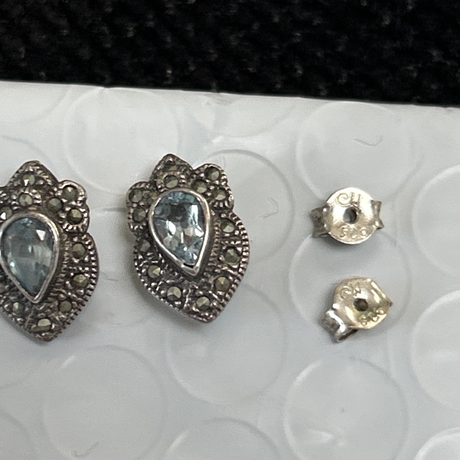 VTG CW Sterling Silver Marcasite Blue Topaz Stud Earrings 1/2” 3g
