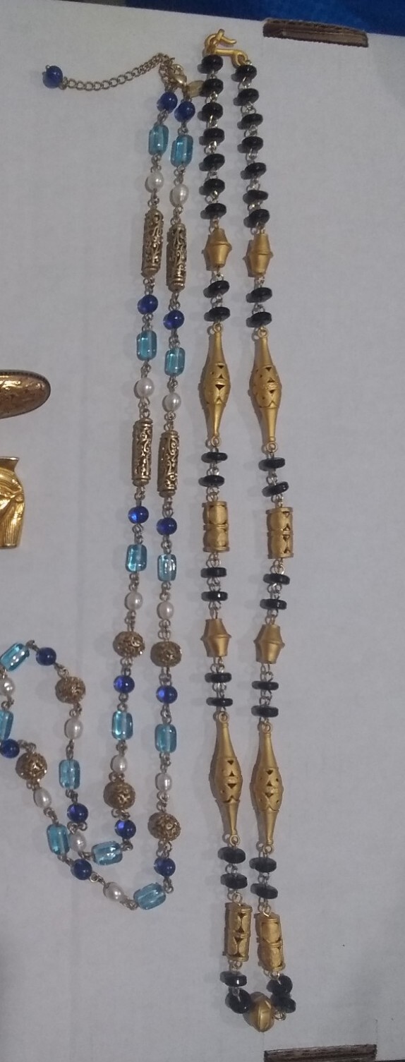 2 Necklaces. Black Egyptian Necklace & Blue Glass and cultured Pearls