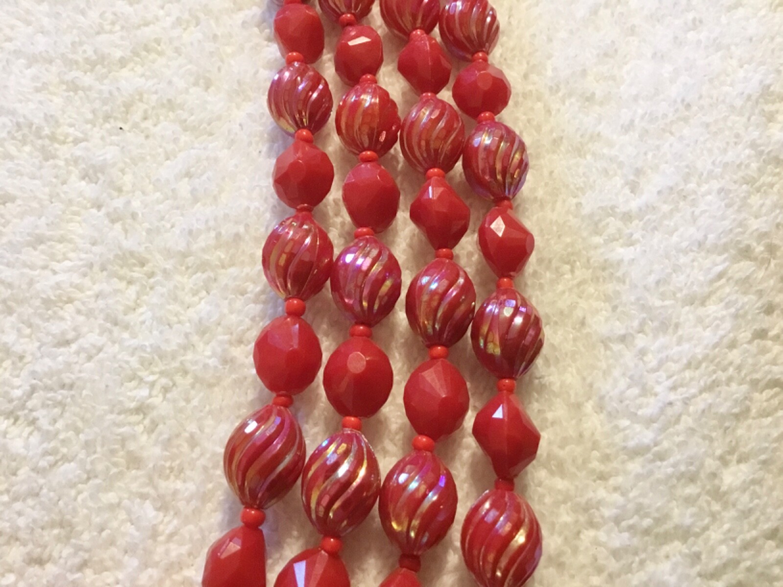 Vintage Western Germany Red/Red Iridescent 4 Stranded Beaded Necklace