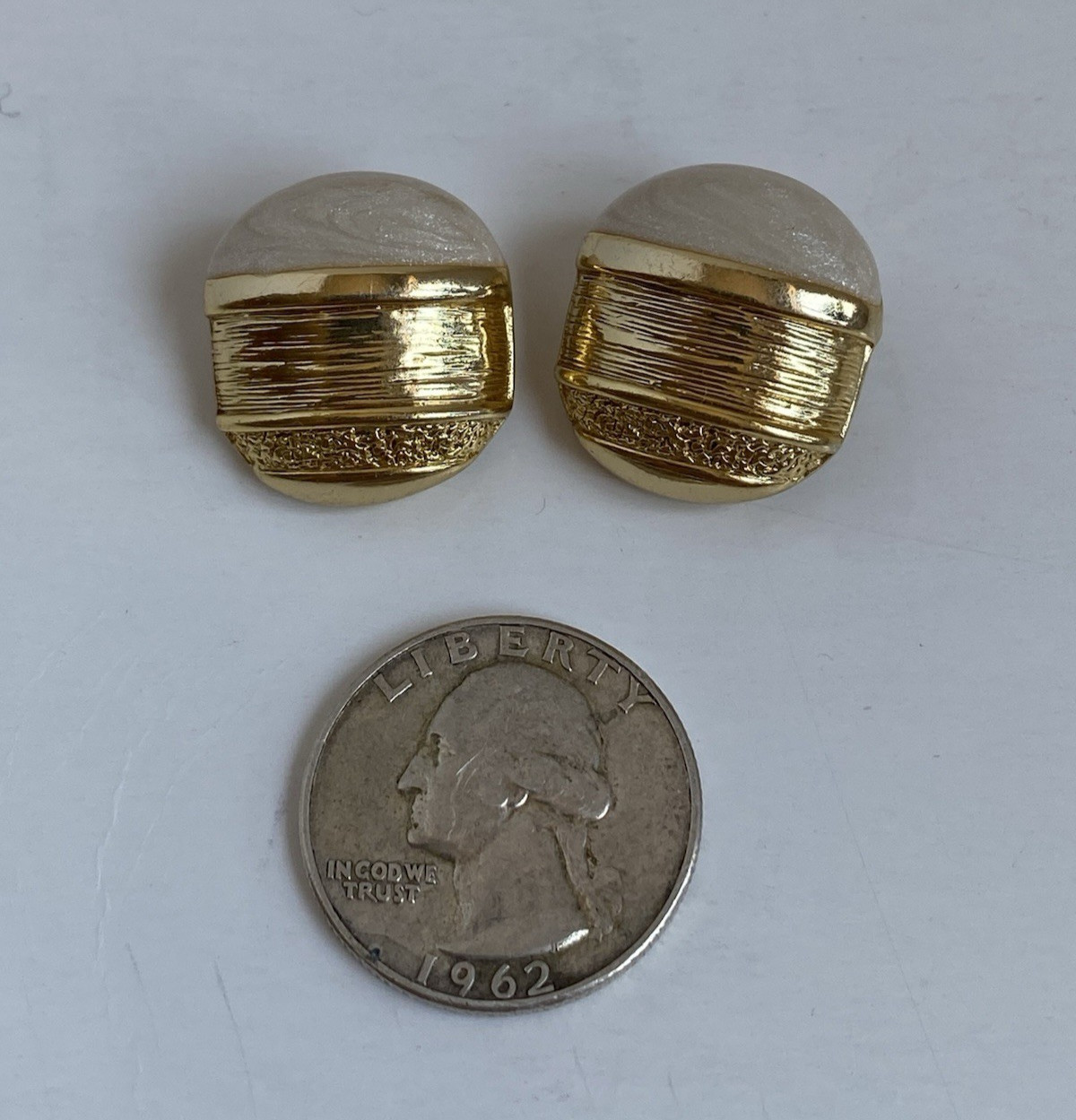 Vtg ORENA Paris Signed Clip On Earrings Gold Alloy & Sparkly White Faux Pearl