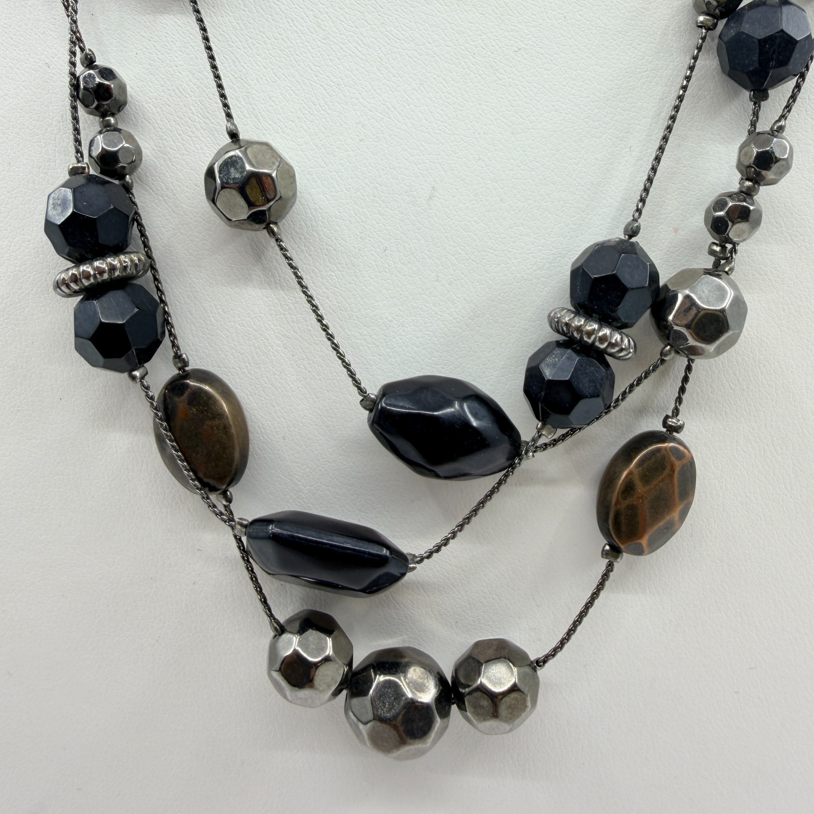 Vintage Gunmetal Tone Layered Necklace Multi Strand Black Onyx Color Bead Boho