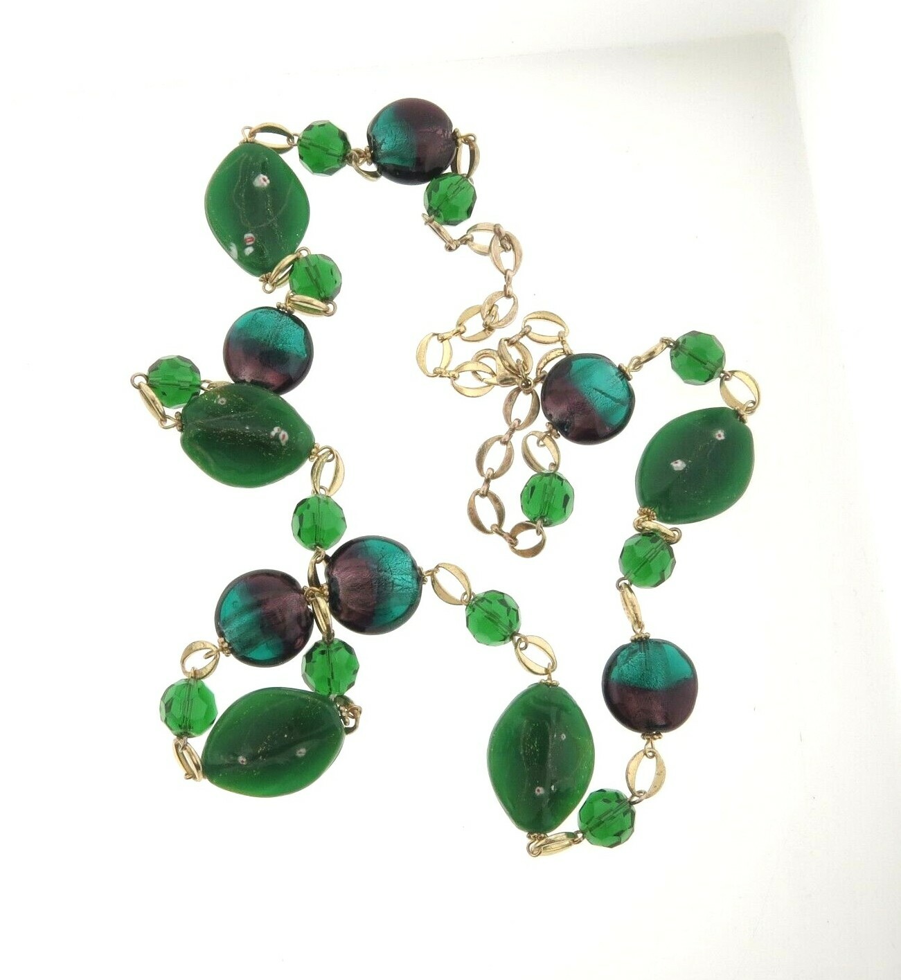 Green Foiled Glass Bead Necklace 1 x 37″
