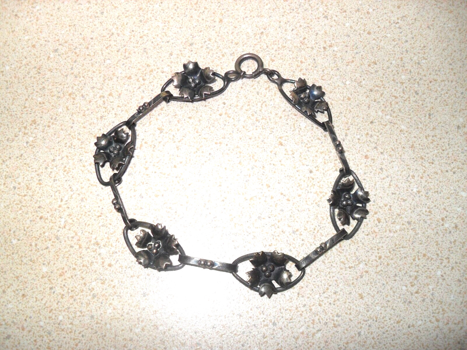 Vtg Sterling Silver Oval Flower Link Bracelet 7 1/2 Inch Art Nouveau Style