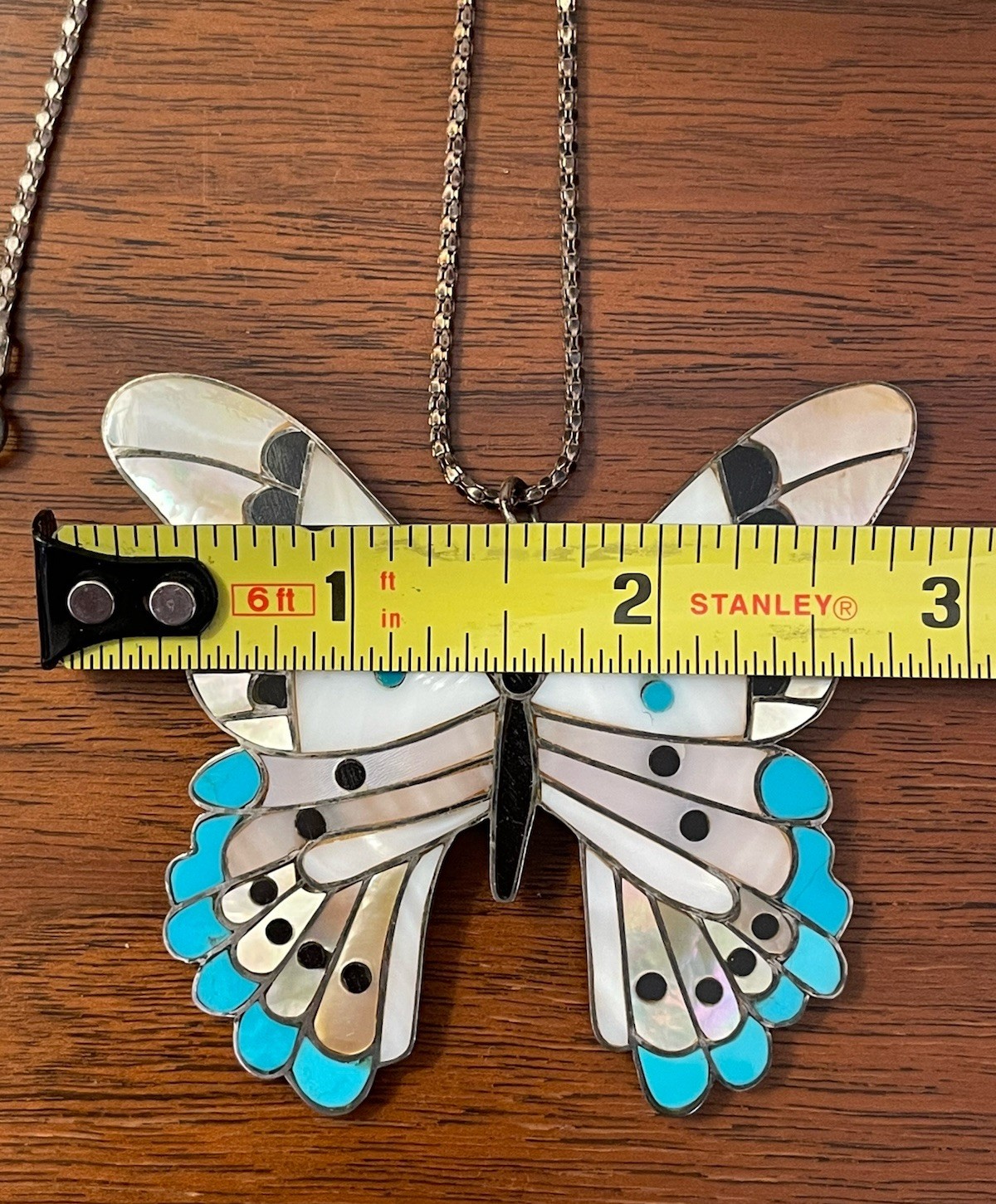 Vintage Sterling Silver Large Butterfly Inlay Turquoise Pendant & Necklace