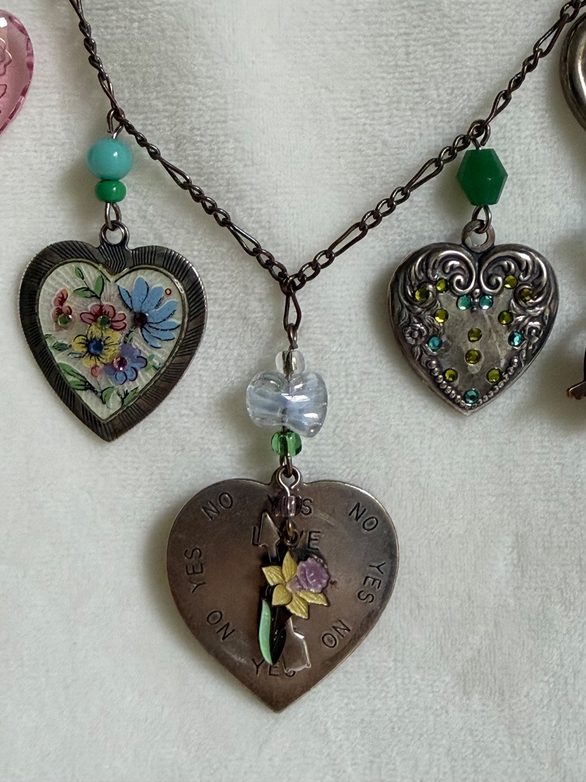 Vintage Glass Works Studio 32″ Multi Charm Necklace Love Me Spinner I Love You G