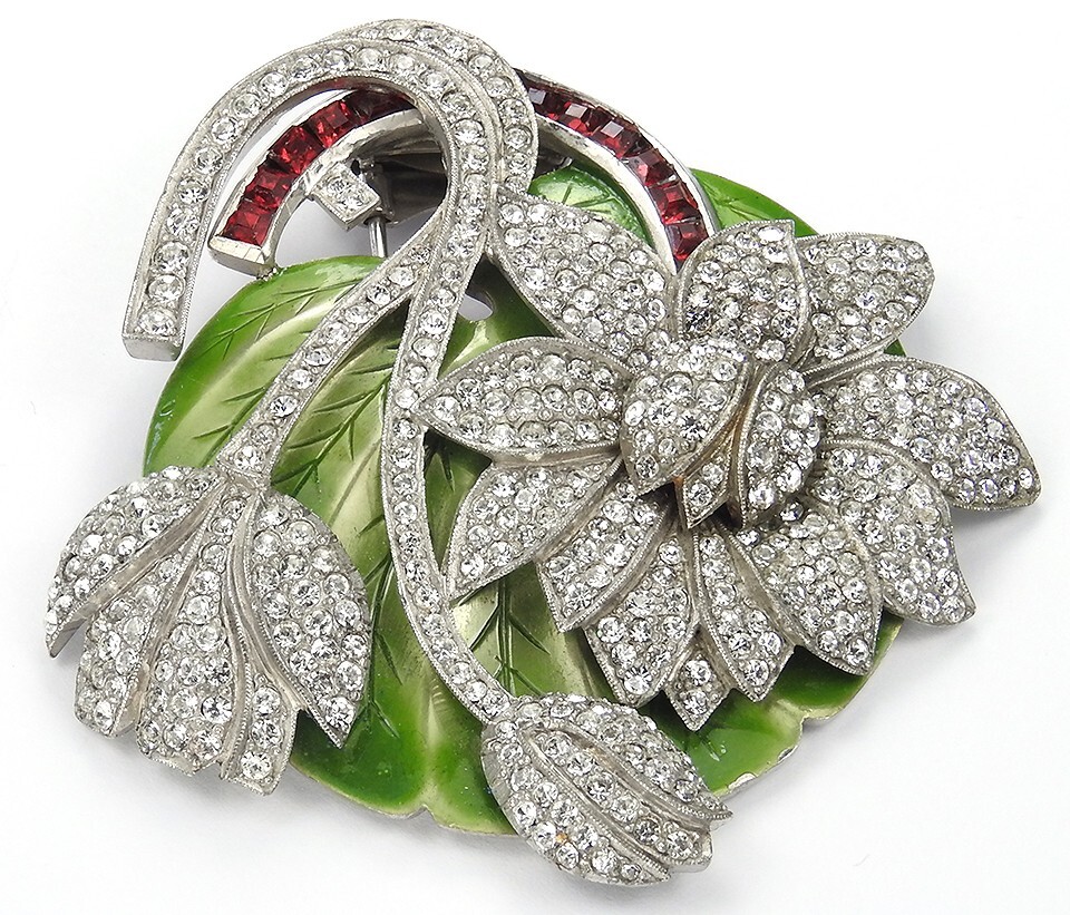 Dujay Pave Metallic Enamel Flowers Invisibly Set Ruby Stem Floral Spray Pin Clip