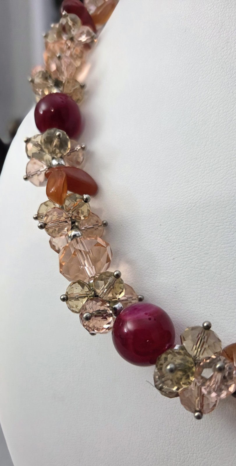 Glass Crystal Faceted Clusters Beaded 18″ Choker Necklace Champagne Pink Beads