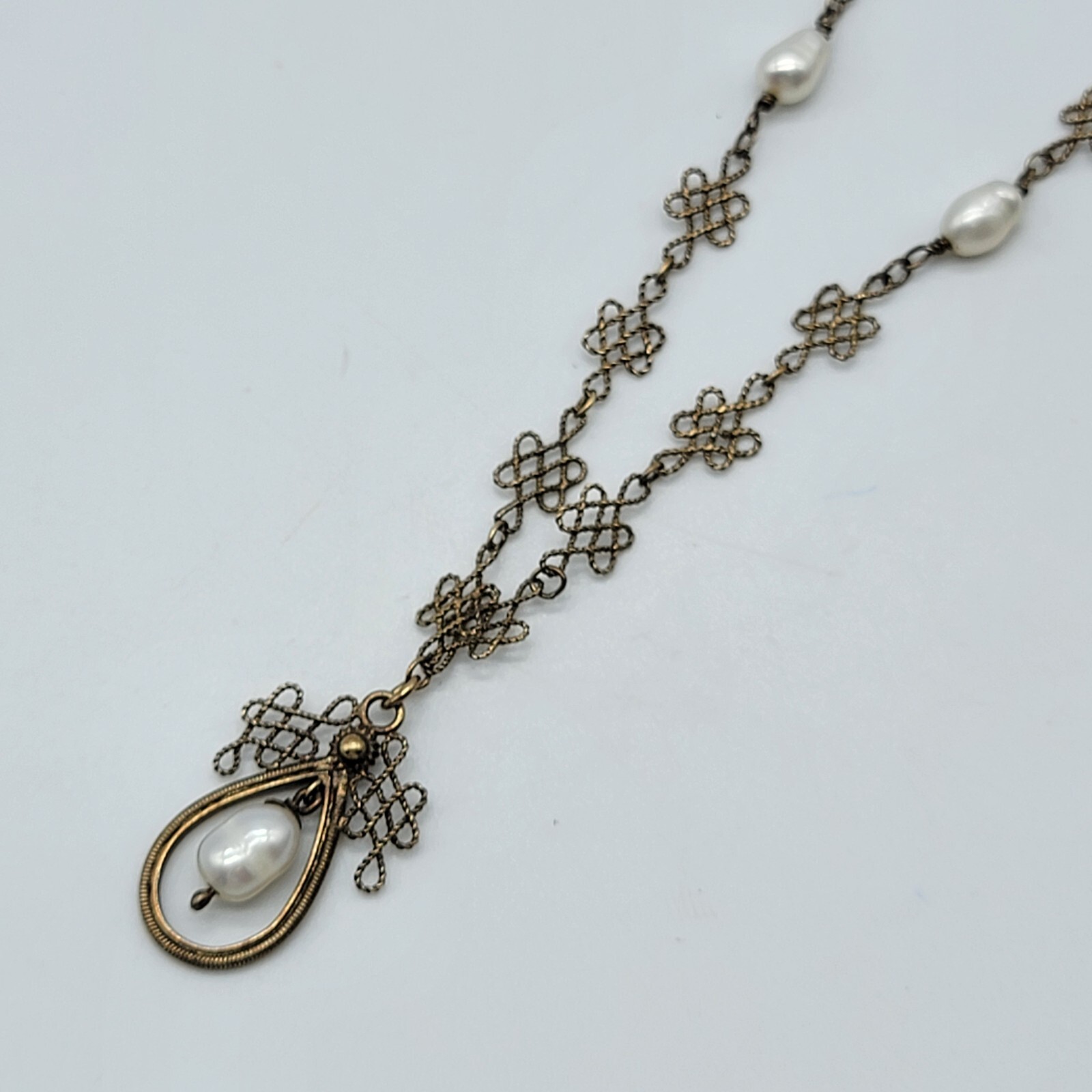 Vintage Baroque Pearls Filigree Necklace Gold Over Sterling Silver 18″