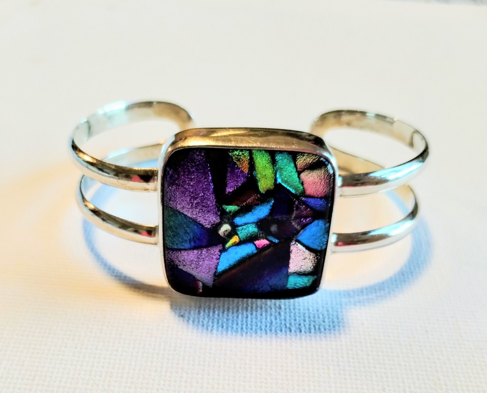 Handmade Small Purple Blue Dichroic Glass Sterling Silver Cuff Bracelet 6.5in