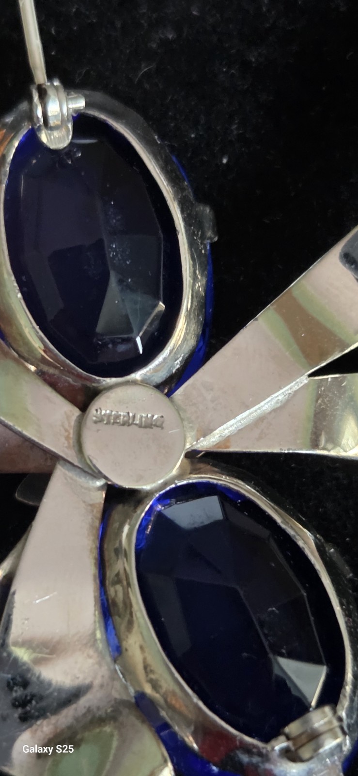 Large Vintage Sterling Brooch With Blue Colored Stones