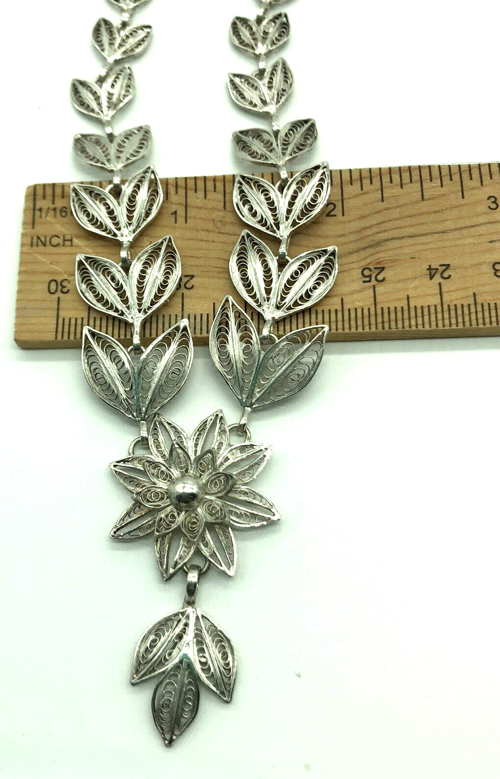 Filigree Necklace Cascading Leaves & Flower Sterling Silver 20+” Antique 1900s