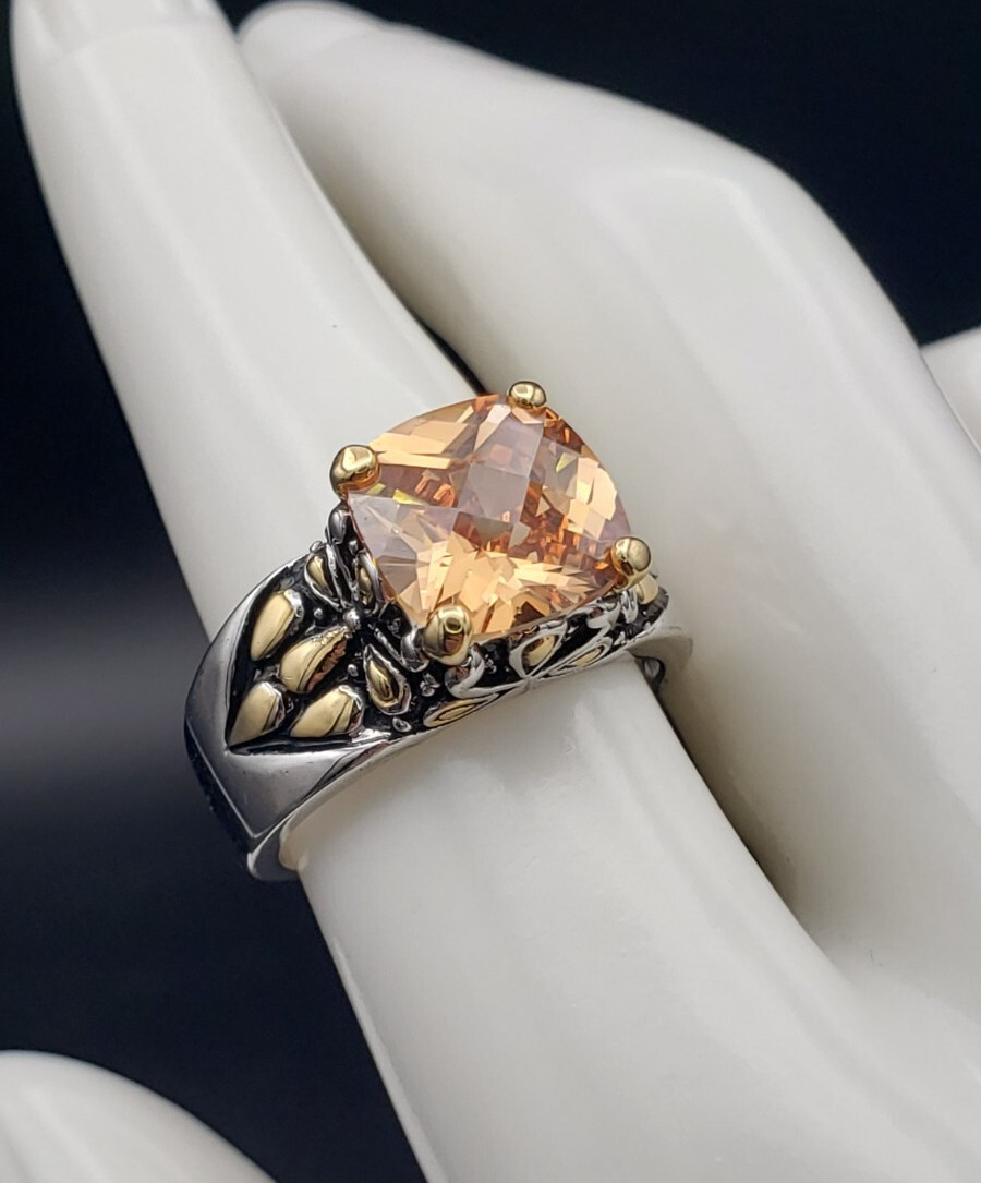 Vintage 18K White Gold Plated Cushion Cut Champagne CZ Floral Ring Size 7.75