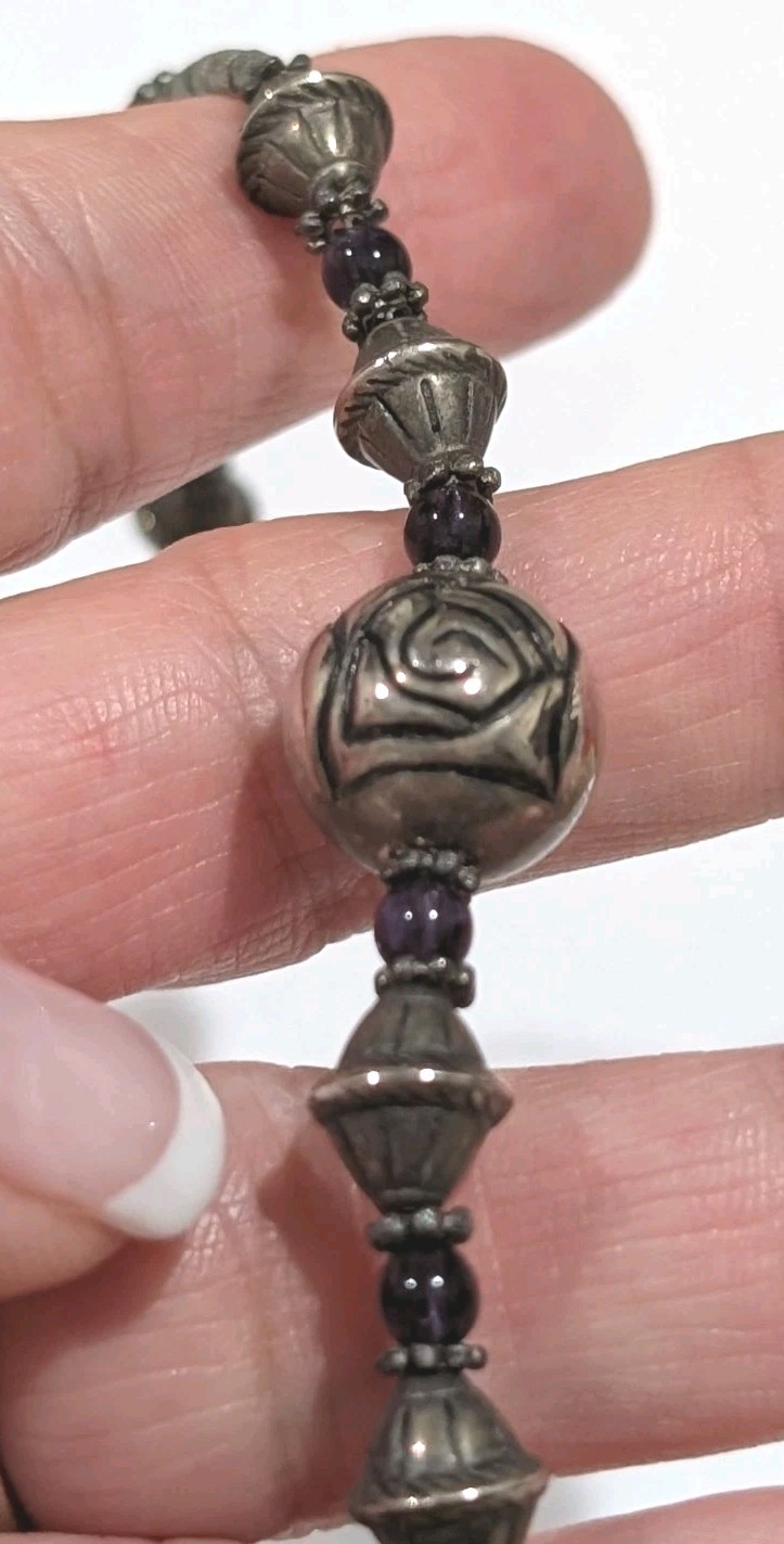 Vtg Sterling Silver Natural Green Jasper Amethyst Rose Bead Beaded 18″ Necklace