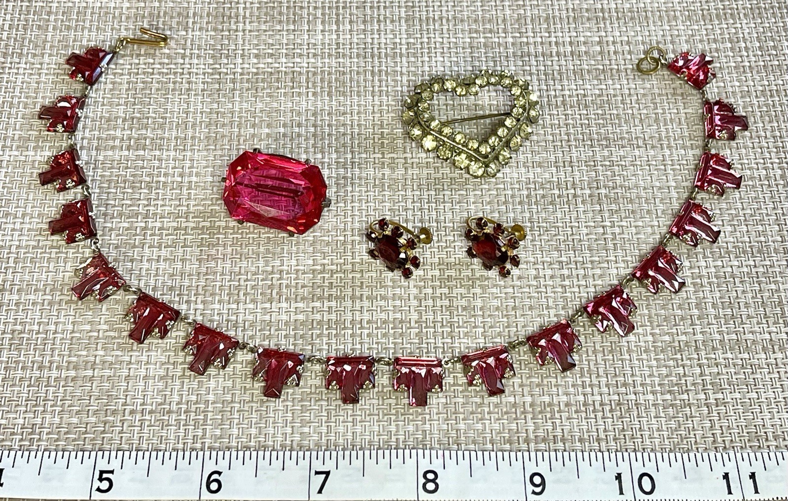 Antique Art Deco Czech PINK Vauxhall Foiled Glass Necklace Brooch Earrings Lot